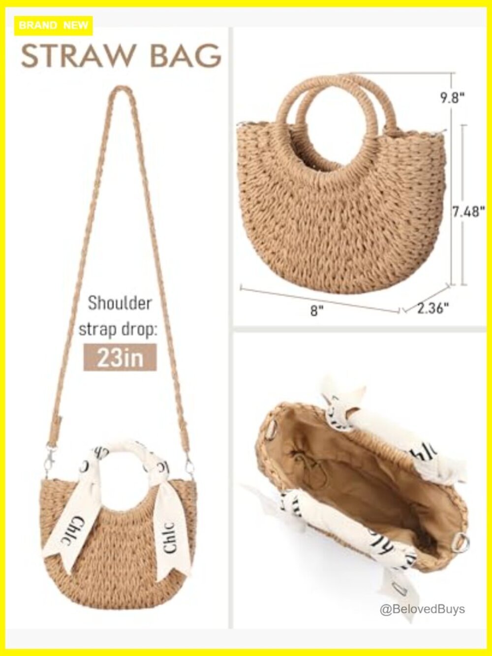 Woven Straw Crossbody Bag - Beach Purse with Ribbon & Drawstring - Picture 5 of 7